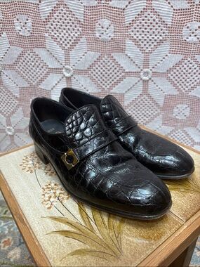 Vintage Bally Switzerland Black Croc-Embossed Loafers Sz 8.5D